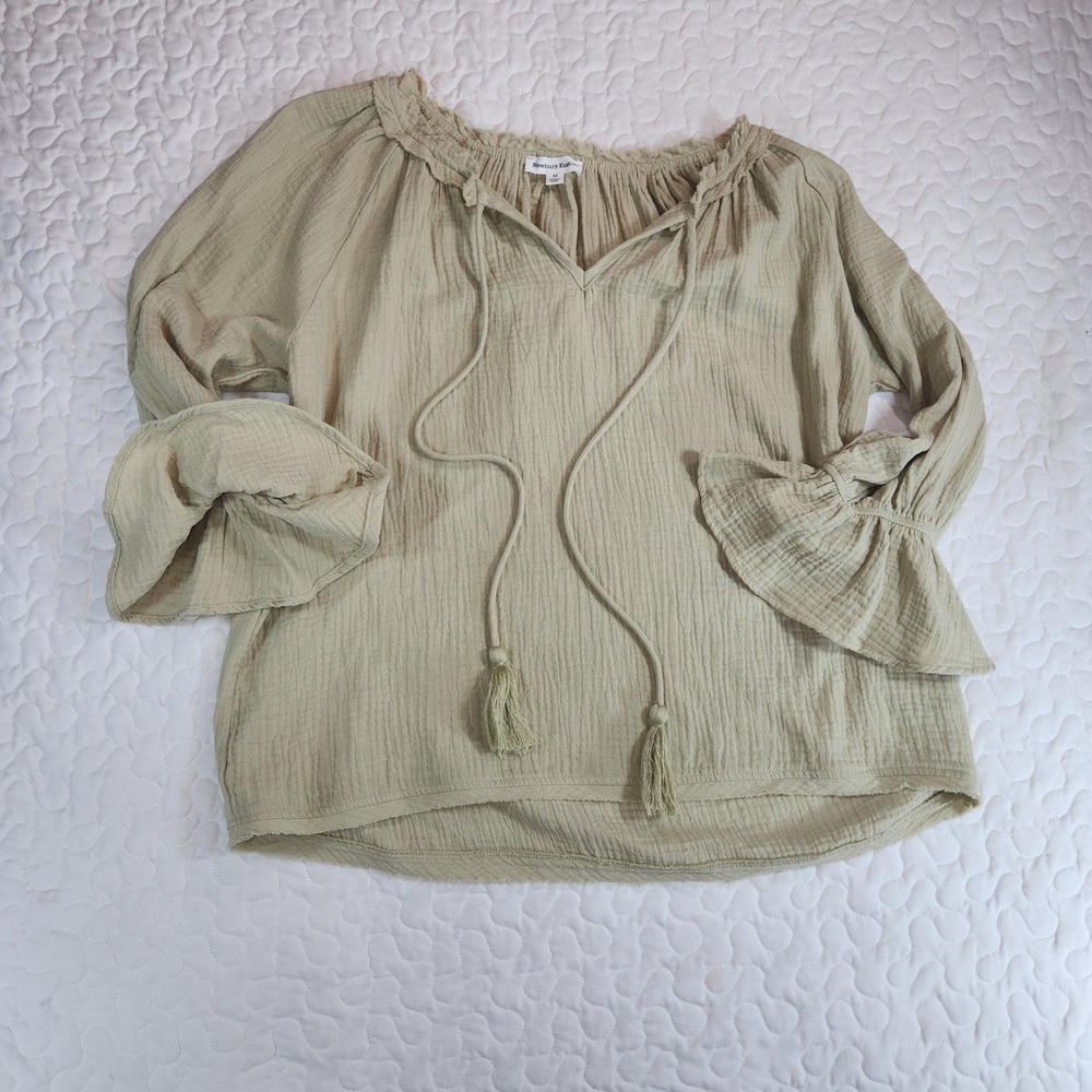 [M] Neutral Cotton Crinkle Gauze Blouse Khaki/Sage-Green Top Bell Sleeve Tassels